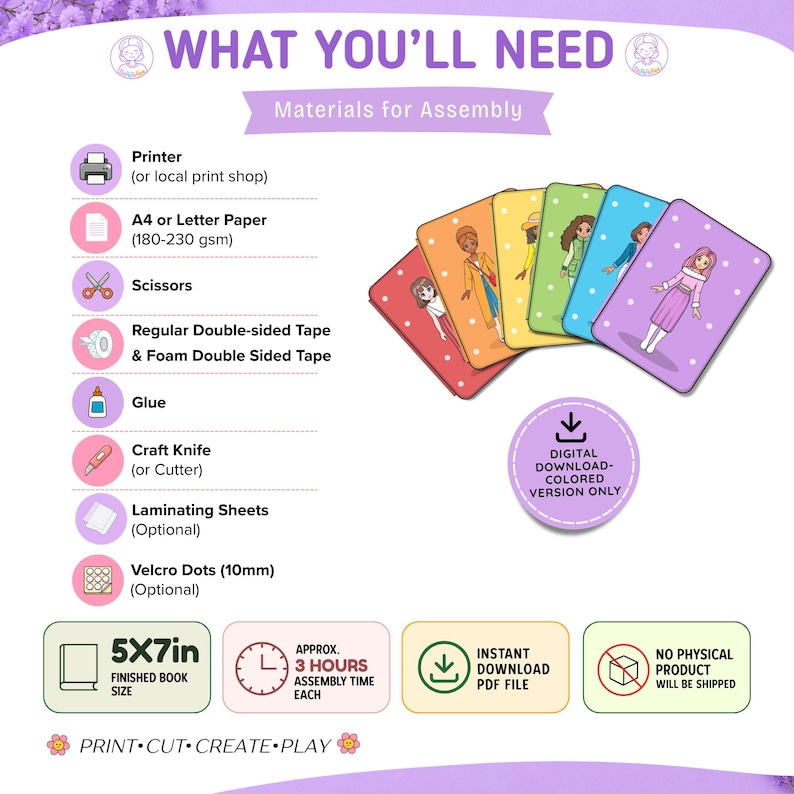 May include: A digital craft assembly guide featuring a list of required materials like a printer, A4 or letter paper, scissors, tape, glue, and a craft knife. It displays five colorful character cards and notes a 5x7 inch finished book size.