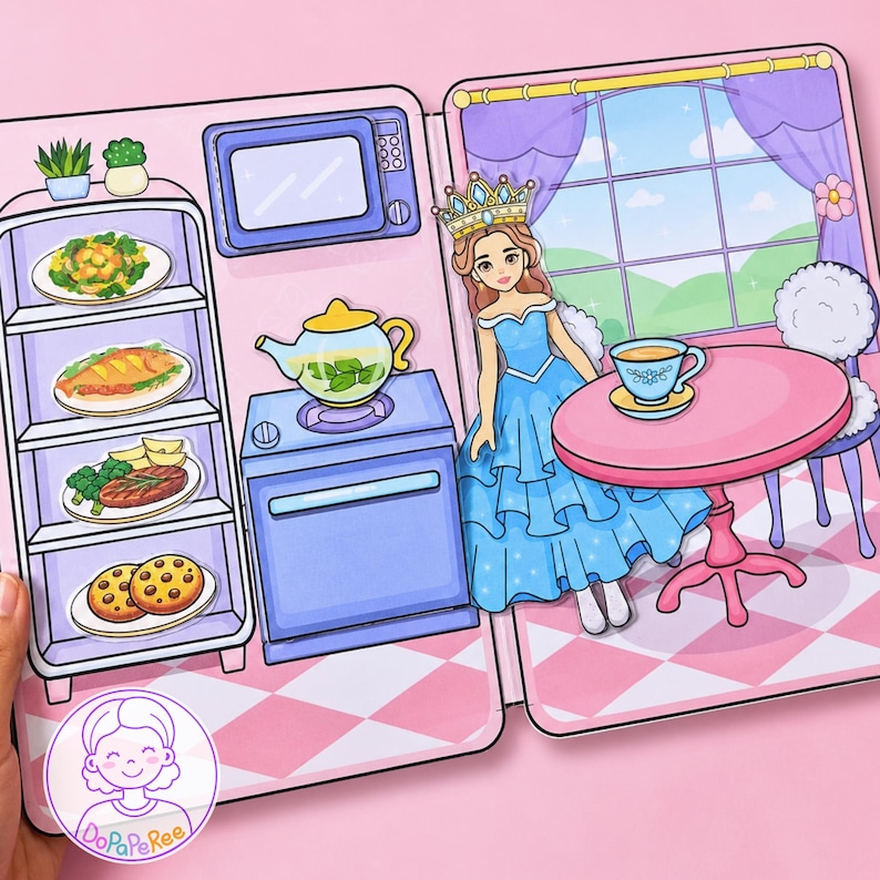 May include: A paper doll playset featuring a kitchen and dining area. The kitchen includes a refrigerator with food items, a stove, and a microwave. The dining area shows a character in a blue dress and crown sitting at a pink table with a teacup.