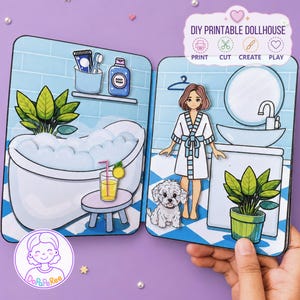 May include: A DIY printable dollhouse set featuring a bathroom scene with a bathtub, a person in a white robe, a small white dog, a sink, and a mirror. The set includes text that reads DIY PRINTABLE DOLLHOUSE, PRINT, CUT, CREATE, PLAY.
