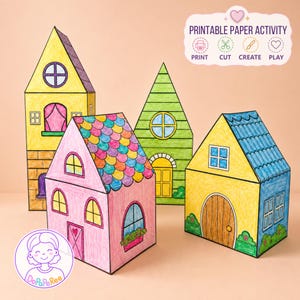 Könnte beinhalten: Vier Papierhäuser mit farbenfrohen, handgezeichneten Designs, darunter ein hohes gelbes Haus, ein rosa Haus mit geschupptem Dach, ein grünes Haus und ein gelbes Haus mit blauem Dach. Text: PRINTABLE PAPER ACTIVITY PRINT CUT CREATE PLAY.