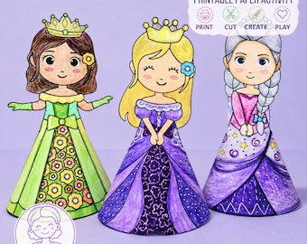 Puede incluir: Tres muñecas de papel con coronas, que incluyen una muñeca de pelo castaño con vestido verde floral, una muñeca rubia con vestido morado y una muñeca de pelo plateado con vestido rosa y morado. El texto superior dice PRINTABLE PAPER ACTIVITY.
