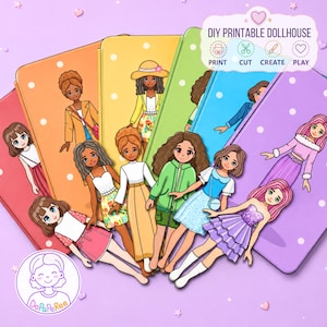 May include: A DIY printable dollhouse kit featuring multiple paper dolls with diverse hairstyles and outfits, set against colourful backgrounds with white polka dots. The image includes the text DIY PRINTABLE DOLLHOUSE, PRINT, CUT, CREATE, PLAY.