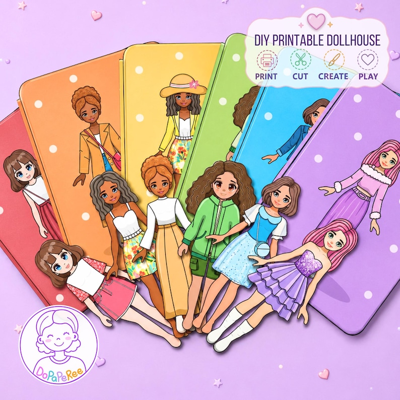 May include: A DIY printable dollhouse kit featuring multiple paper dolls with diverse hairstyles and outfits, set against colorful backgrounds with white polka dots. The image includes the text DIY PRINTABLE DOLLHOUSE, PRINT, CUT, CREATE, PLAY.