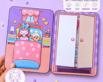 Könnte beinhalten: Ein DIY-Bastelbogen für ein ausdruckbares Puppenhaus mit einer Schlafzimmerszene, einer Figur im Bett, einem kleinen Hund und einem Kleiderschrank mit zu öffnenden Türen. Das Design ist in Rosa, Lila und Blau gehalten mit dem Text DIY PRINTABLE DOLLHOUSE.