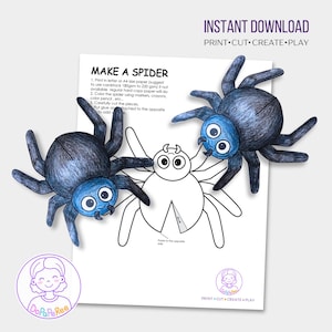 May include: A printable craft project featuring a spider design. The image shows a partially colored spider, a black and white spider outline, and the text "MAKE A SPIDER". The words "INSTANT DOWNLOAD" and "PRINT CUT CREATE PLAY" are also visible.