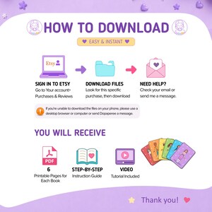May include: An instructional graphic titled HOW TO DOWNLOAD with steps to sign in to Etsy, download files, and get help. It lists YOU WILL RECEIVE as 6 printable PDF pages, a step-by-step instruction guide, and a video tutorial with illustrated cards.