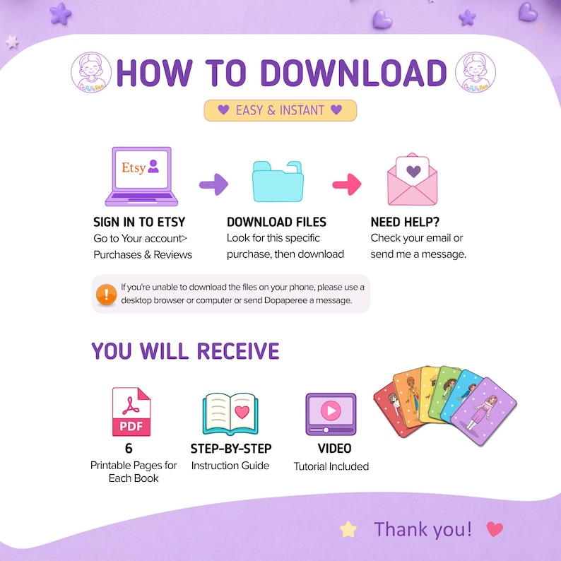 May include: An instructional graphic titled HOW TO DOWNLOAD with steps to sign in to Etsy, download files, and get help. It lists YOU WILL RECEIVE as 6 printable PDF pages, a step-by-step instruction guide, and a video tutorial with illustrated cards.