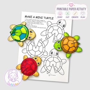 May include: A printable paper activity sheet titled MAKE A MINI TURTLE with instructions and outlines for crafting three-dimensional turtles. Three finished turtles colored in green, orange, and red are placed over the black and white templates.