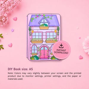 May include: A digital illustration of a two-story house with a purple roof, pink walls, and flower boxes, featuring a circular pink badge with a download icon and the text INSTANT DOWNLOAD. The text below reads DIY Book size: A5.