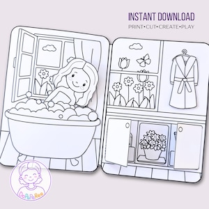 May include: Black and white printable paper doll set. The set includes a doll in a bathtub, a window, flowers, a robe, and other accessories. The text "INSTANT DOWNLOAD PRINT CUT CREATE PLAY" is at the top of the image.