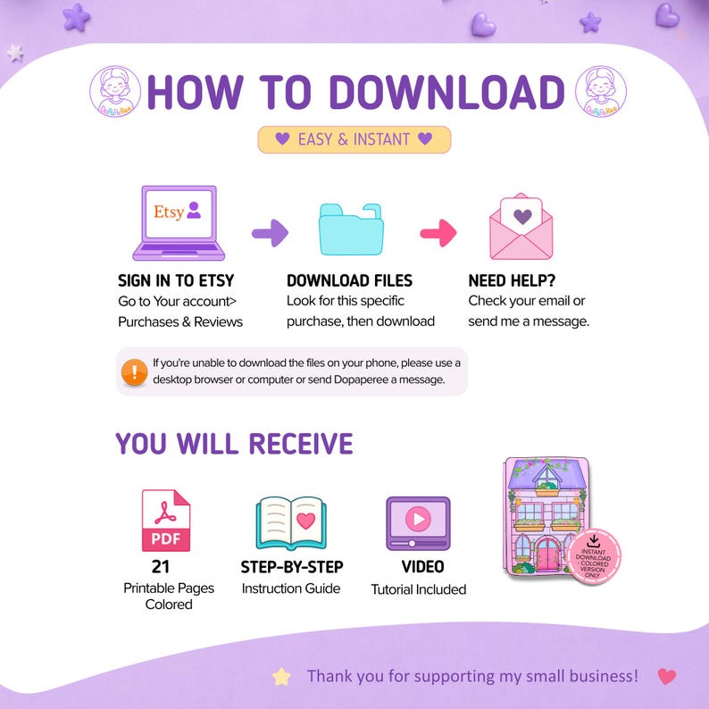 May include: An instructional graphic titled HOW TO DOWNLOAD with purple text and icons. It outlines steps to sign into Etsy, download files, and seek help. It lists items received: 21 colored printable PDF pages, a step-by-step guide, and a video tutorial.