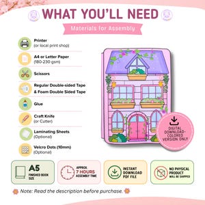 May include: An instructional graphic titled WHAT YOU'LL NEED listing assembly materials like a printer, A4 or letter paper, scissors, tape, glue, and a craft knife. It features a pink and purple illustrated house and a digital download icon.