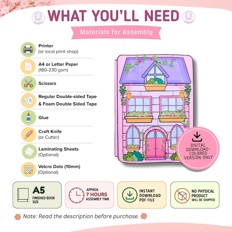 May include: An instructional graphic titled WHAT YOU'LL NEED listing assembly materials like a printer, A4 or letter paper, scissors, tape, glue, and a craft knife. It features a pink and purple illustrated house and a digital download icon.