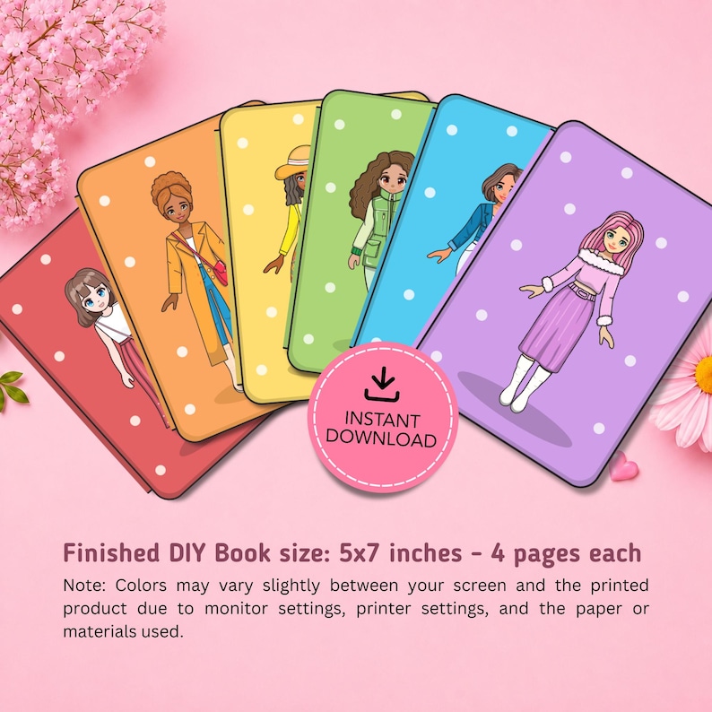May include: A set of five rectangular cards featuring cartoon characters in various outfits, arranged in a fan shape. Each card has a solid color background with white polka dots. A pink circular badge displays the text INSTANT DOWNLOAD.