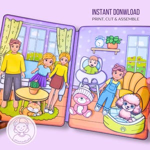 Casa delle bambole di carta per famiglie stampabile, Libro tranquillo con bambole di carta, Attività e lavoretti per bambini, Attività di ritaglio e costruzione, Download digitale