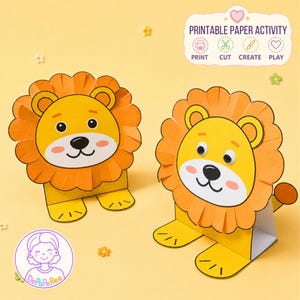 Pode incluir: Dois leões de papel com jubas laranja e corpos amarelos. Um leão tem olhos impressos, o outro tem olhos móveis. O texto no topo diz PRINTABLE PAPER ACTIVITY PRINT CUT CREATE PLAY. Um logótipo circular com um rosto diz DoPaPeRee.