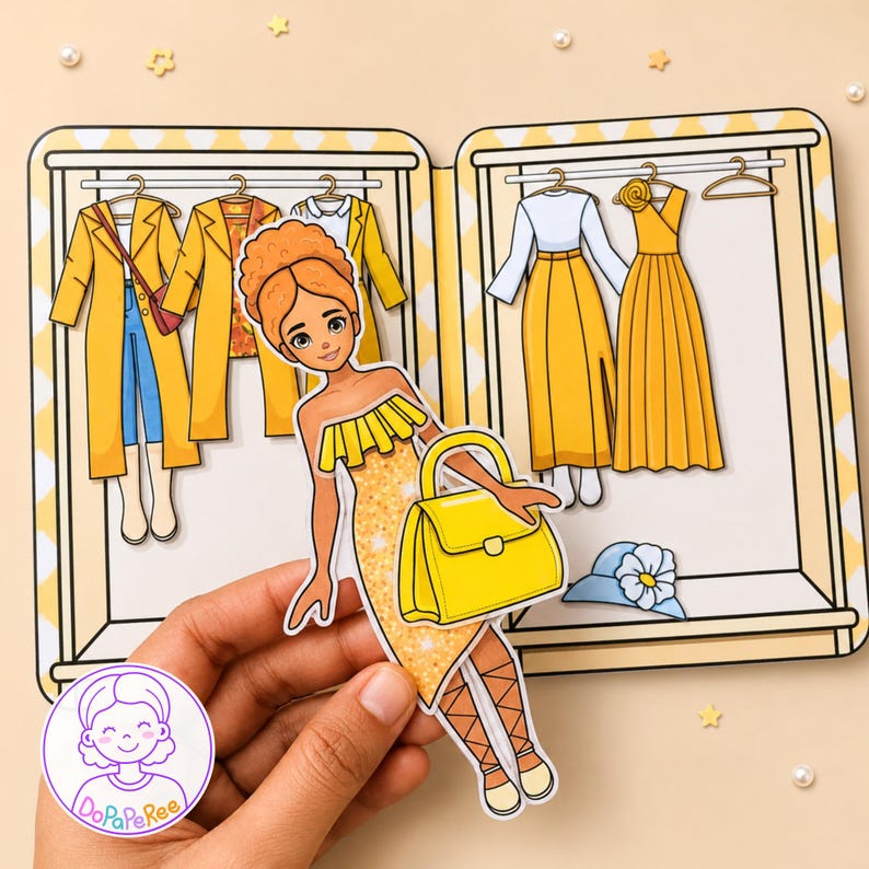 May include: A paper doll set featuring a character with curly orange hair wearing a yellow off-the-shoulder dress and holding a yellow handbag. The background is a paper wardrobe with yellow and white checkered patterns containing various yellow outfits.