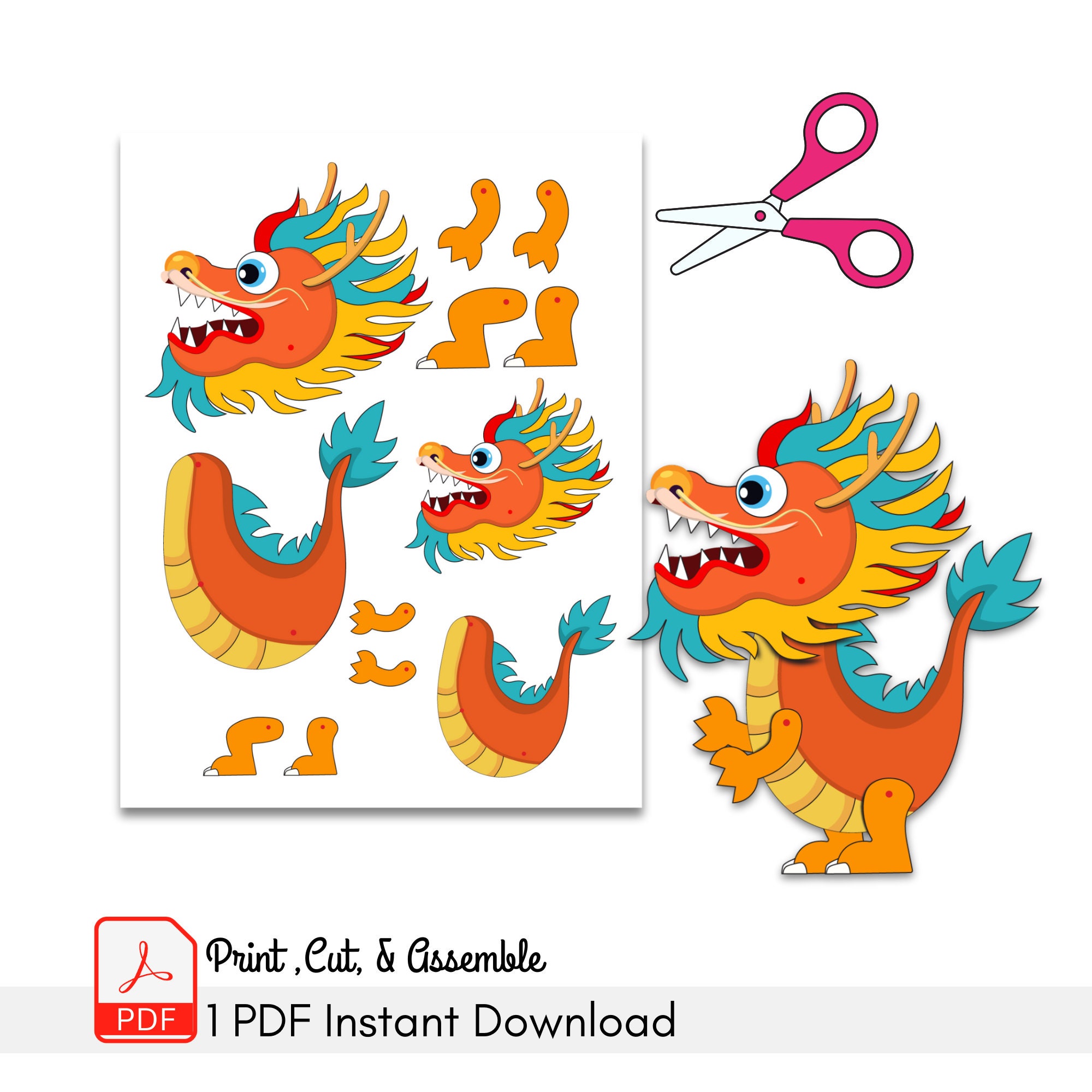 Movable Dragon Paper Doll, Articulated Dragon Paper Doll Printable Diy Paper Toy - Etsy for Chinese Dragon Clothespin Puppets Free Printable