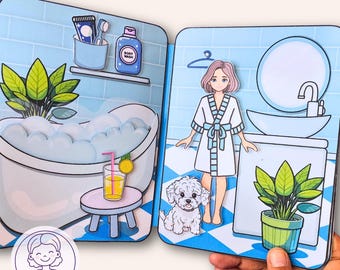 Printable Paper Dollhouse: Blue Bathroom DIY Quiet Book (Digital Download)