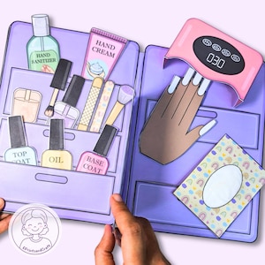 Casa delle bambole di carta stampabile per unghie e spa, libro tranquillo per bambini con bambole di carta, attività e lavoretti, attività di taglio e costruzione, download digitale