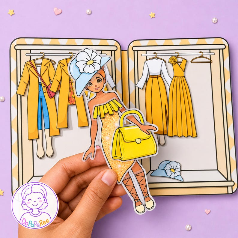 May include: A paper doll set featuring a character with orange hair wearing a yellow ruffled dress, a blue hat with a white flower, and holding a yellow handbag. The set includes a closet background with hanging yellow coats, dresses, and a blue hat.