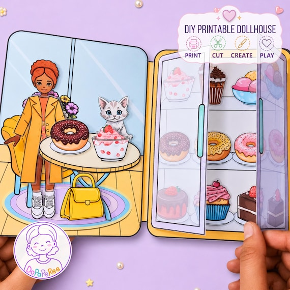 Printable Dessert Shop Paper Play Set,  Pretend Play Kids Activities, Dress Up Dolls, Screen-Free
