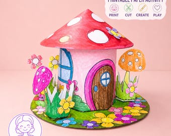 Fairy Mushroom House Paper Craft , Printable Kids Activity, DIY 3D Craft, Screen-Free Play
