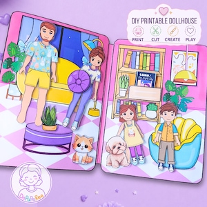 May include: A DIY printable dollhouse set featuring two illustrated room scenes with paper dolls, a cat, and a dog. The graphics include furniture like a yellow sofa, a bookshelf with a book titled LUNA The Night Sky, and a purple table.