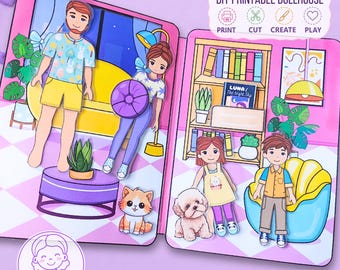 May include: A DIY printable dollhouse set featuring two illustrated room scenes with paper dolls, a cat, and a dog. The graphics include furniture like a yellow sofa, a bookshelf with a book titled LUNA The Night Sky, and a purple table.