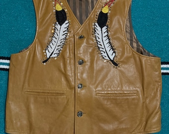 Chain Stitch Embroidery & Swarovski Rhinestone Timberland Leather Waistcoat Vest - Western Nudie Suit Style - XL