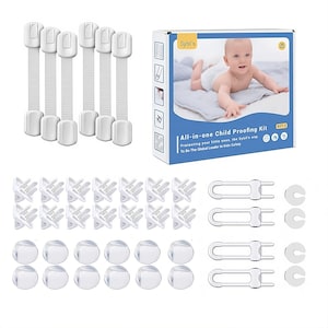 May include: A white childproofing kit with various safety items, including straps, corner guards, and cabinet locks. The kit includes 4 straps, 18 corner guards, 2 cabinet locks, and 4 door knob covers. The kit is labeled "All-in-one Child Proofing Kit" and "To Be The Global Leader in Kids Safety".