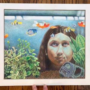 Original Buntstift Zeichnung von einem Aquarienfisch Mädchen, Illustration für Kinder, Buch Illustration, wunderliches Fantasy