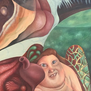 Pintura al óleo original "Dientes de bebé", 2006, óleo sobre lienzo, 18,5" x 17", marco de madera, listo para colgar, surrealismo Dali naturaleza extraña y espeluznante