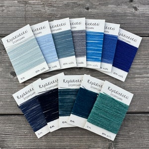 Stopfgarn, Reparaturgarn aus Wolle - Hellblau Blau Dunkelblau Navy Türkis - 12m - Kärtchen (0,40 EUR/m)