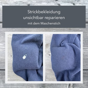Puede incluir: Imágenes antes y después de un suéter azul de punto con una pequeña mancha blanca. La mancha se ha reparado utilizando una técnica llamada "mendado invisible".