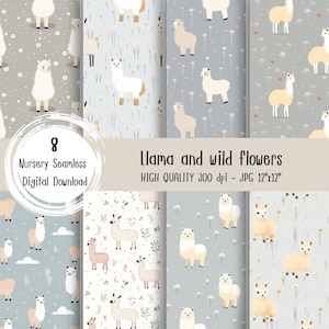 Llama wild flower field seamless pattern on gentle background, Alpaca digital download, Commercial Use, animal seamless print