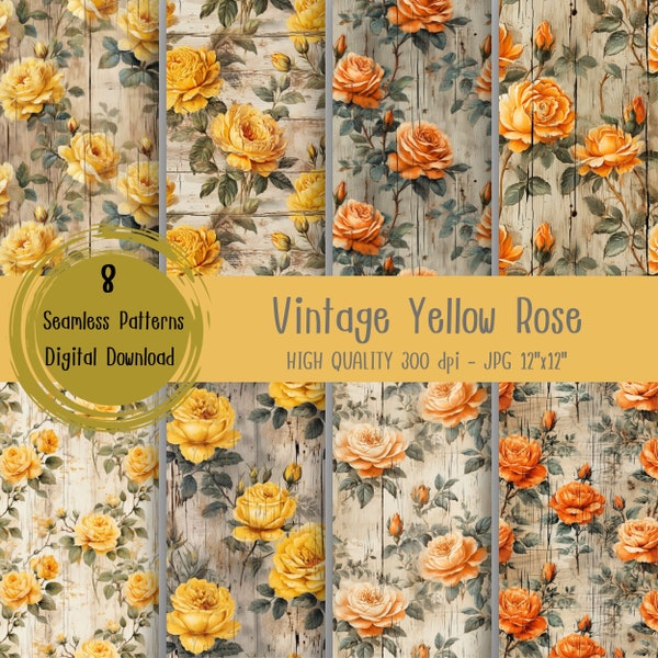 Vintage Yellow Rose Seamless, flower background, Digital Paper Pack, Commercial Use, shabby chic giftwrap, rose Wallpaper, floral wood print