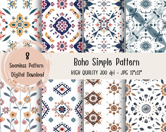 May include: Set of eight digital seamless patterns in a boho style with geometric shapes and floral designs in shades of blue, red, yellow, and brown on a white background. The text "8 Seamless Pattern Digital Download" and "Boho Simple Pattern HIGH QUALITY 300 dpi - JPG 12"x12"" is included in the image.