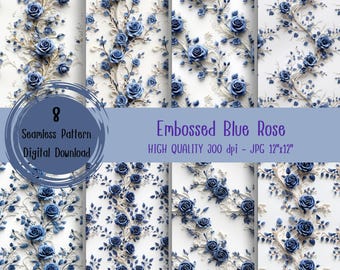 Embossed Blue Rose Seamless Pattern, Floral Digital Paper, Elegant Flower Background, Scrapbook Paper