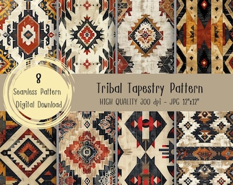 May include: Eight seamless digital download patterns featuring tribal tapestry designs in red, black, white, and brown.  The patterns are 12 inches by 12 inches and 300 dpi.
