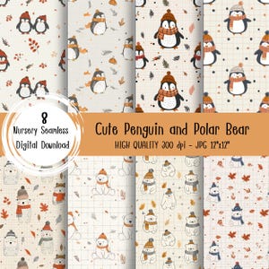 Puede incluir: Conjunto de 8 patrones digitales sin costuras con adorables pingüinos y osos polares en colores invernales. Los patrones son perfectos para crear decoración de guardería, tela, papel tapiz y otros proyectos de manualidades.