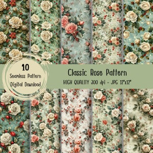 Puede incluir: Diez patrones digitales sin costuras que presentan un diseño clásico de rosas con rosas blancas y rosas, hojas verdes, bayas rojas y un fondo azul claro. El texto "Classic Rose Pattern" y "HIGH QUALITY 300 dpi - JPG 12"x12"" está incluido en la imagen.
