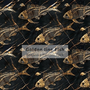 Gold Line Fish Seamless Pattern, Fishbone on Marble, Elegant Black Digital Paper