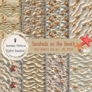 May include: Eight seamless digital paper patterns featuring seashells, starfish, and crabs on a sandy beach background. The patterns are high quality, 300 dpi, and 12 inches by 12 inches.