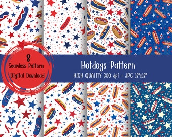Patrón sin costuras de hot dogs sobre fondo de estrellas, papel digital, uso comercial, impresión en papel, envoltura de regalos, fondo de alimentos, papel tapiz de cocina