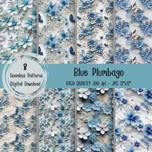 Blue Plumbago Seamless Pattern, 3d blue flower background, Digital Paper, blue floral wallpaper, butterfly flower gift wrap print, JPG file