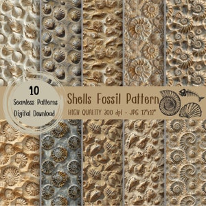 May include: Ten seamless digital patterns featuring fossilized seashells in various shades of brown and beige. The patterns are high quality, 300 dpi, and 12 inches by 12 inches.