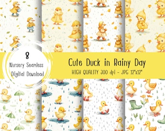 Cute duck in rainy seamless pattern, duck cartoon digital download, Commercial Use, yellow animal seamless print, ducklings repeat pattern