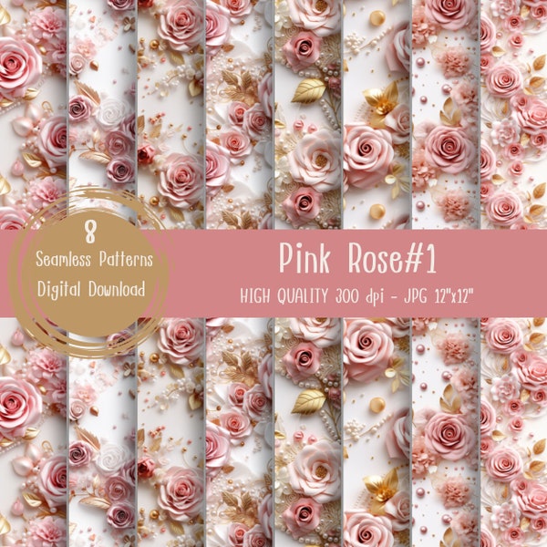 Pink Rose Seamless, Digital Paper Pack, 3D Paper Wrap, Commercial Use, Pink Flower, wedding backdrop, valentine pattern, Rose pattern