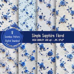 Minimal Blue Rose Seamless Digital Paper, Sapphire Floral Backgrounds, Rose Pattern for Crafts, fabric print, gift wrap paper, wallpaper